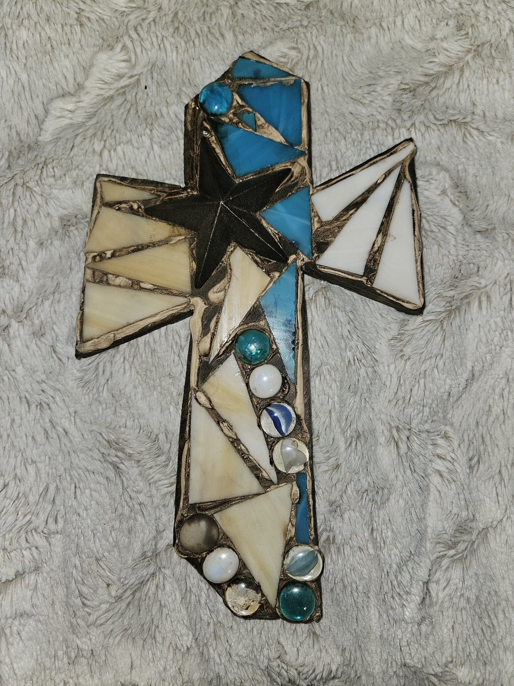 Handmade Stained Glass Cross Wall Art - Blue, Cream, White